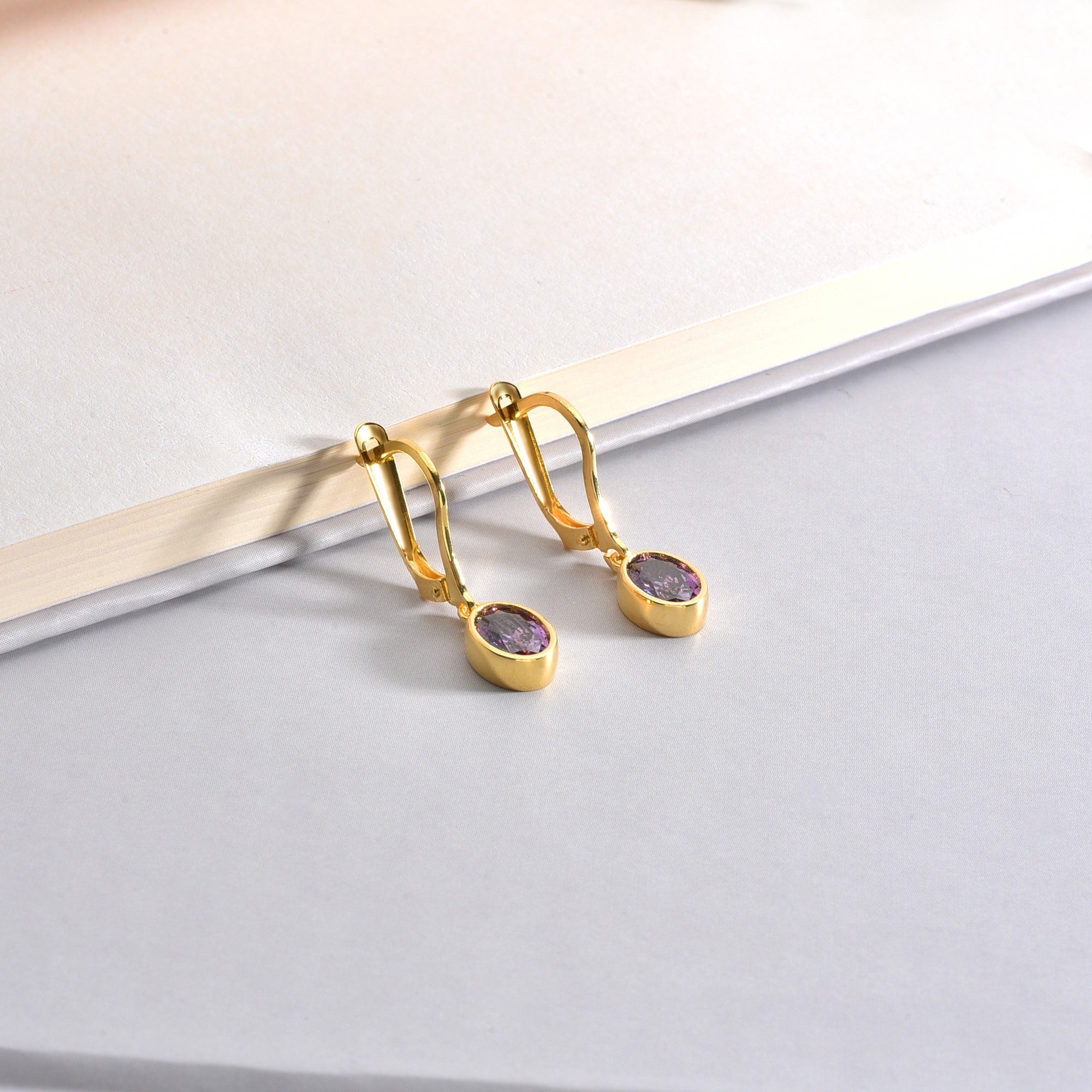 Oval Amethyst Bezel Dangle Earrings in 14K Solid Gold, February Birthstone Queen Jewelry Earrings