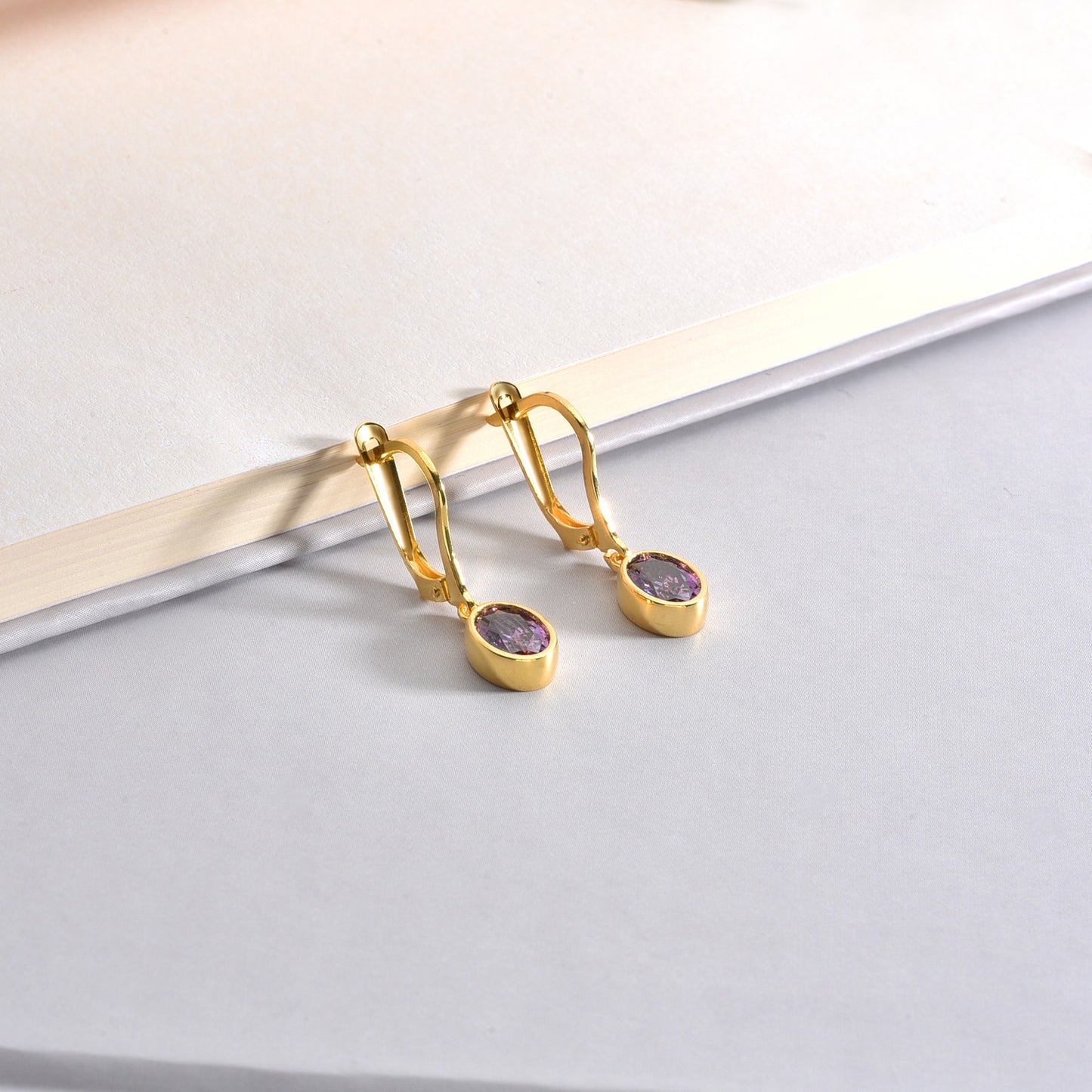 Oval Amethyst Bezel Dangle Earrings in 14K Solid Gold, February Birthstone Queen Jewelry Earrings