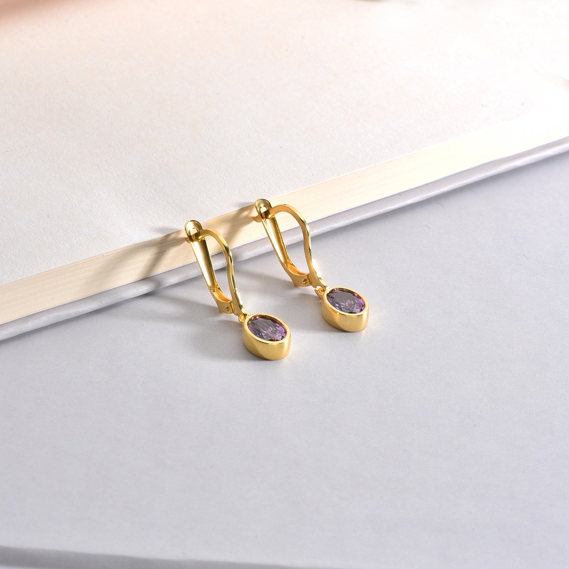 Oval Amethyst Bezel Dangle Earrings in 14K Solid Gold, February Birthstone Queen Jewelry Earrings