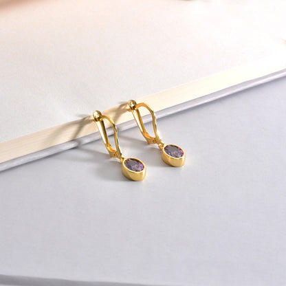 Oval Amethyst Bezel Dangle Earrings in 14K Solid Gold, February Birthstone Queen Jewelry Earrings