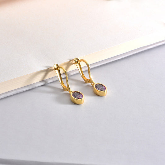 Oval Amethyst Bezel Dangle Earrings in 14K Solid Gold, February Birthstone Queen Jewelry Earrings