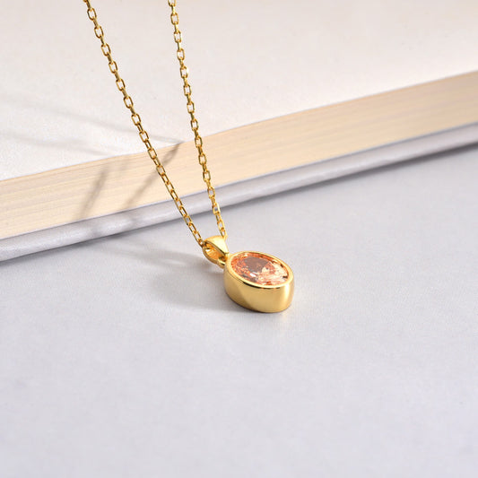 Oval Citrine Bezel Necklace 14K Solid Gold, November Birthstone Charm Pendant Queen Jewelry Necklace