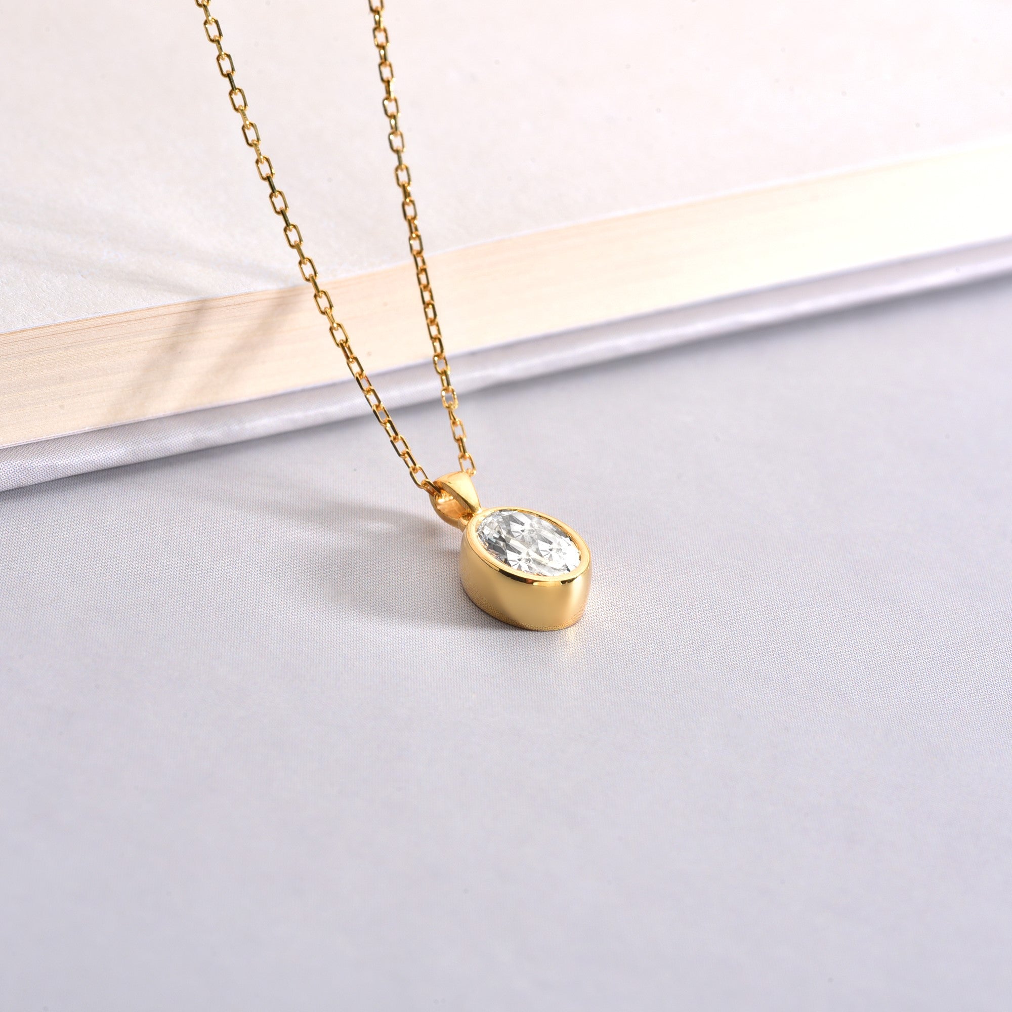 Oval White Topaz Bezel Necklace 14K Solid Gold, April Birthstone Charm Pendant Queen Jewelry Necklace