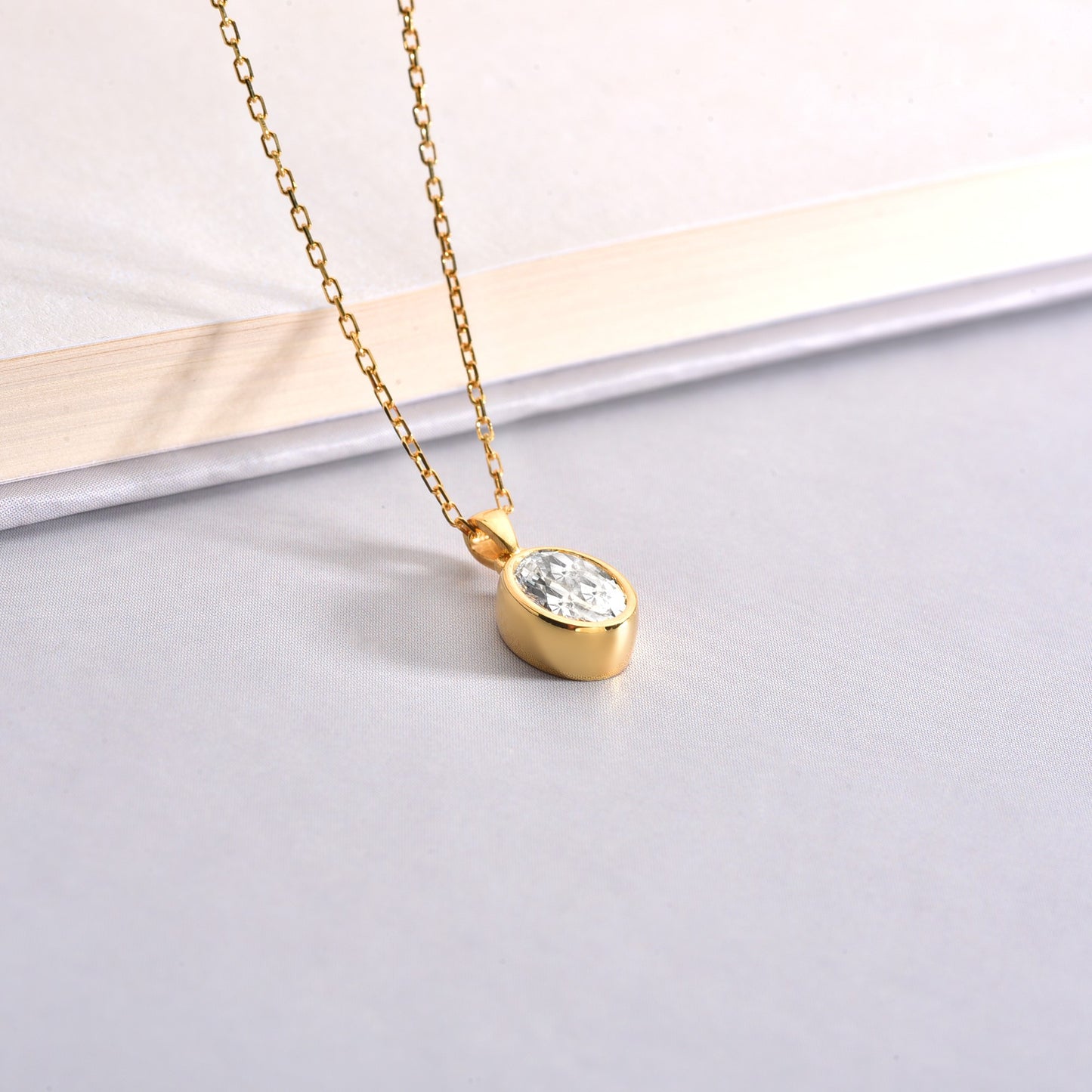Oval White Topaz Bezel Necklace 14K Solid Gold, April Birthstone Charm Pendant Queen Jewelry Necklace
