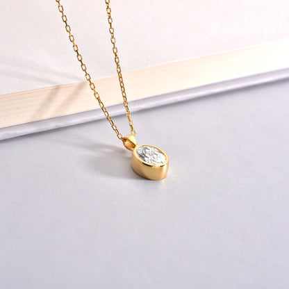 Oval White Topaz Bezel Necklace 14K Solid Gold, April Birthstone Charm Pendant Queen Jewelry Necklace