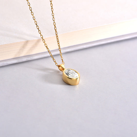 Oval White Topaz Bezel Necklace 14K Solid Gold, April Birthstone Charm Pendant Queen Jewelry Necklace