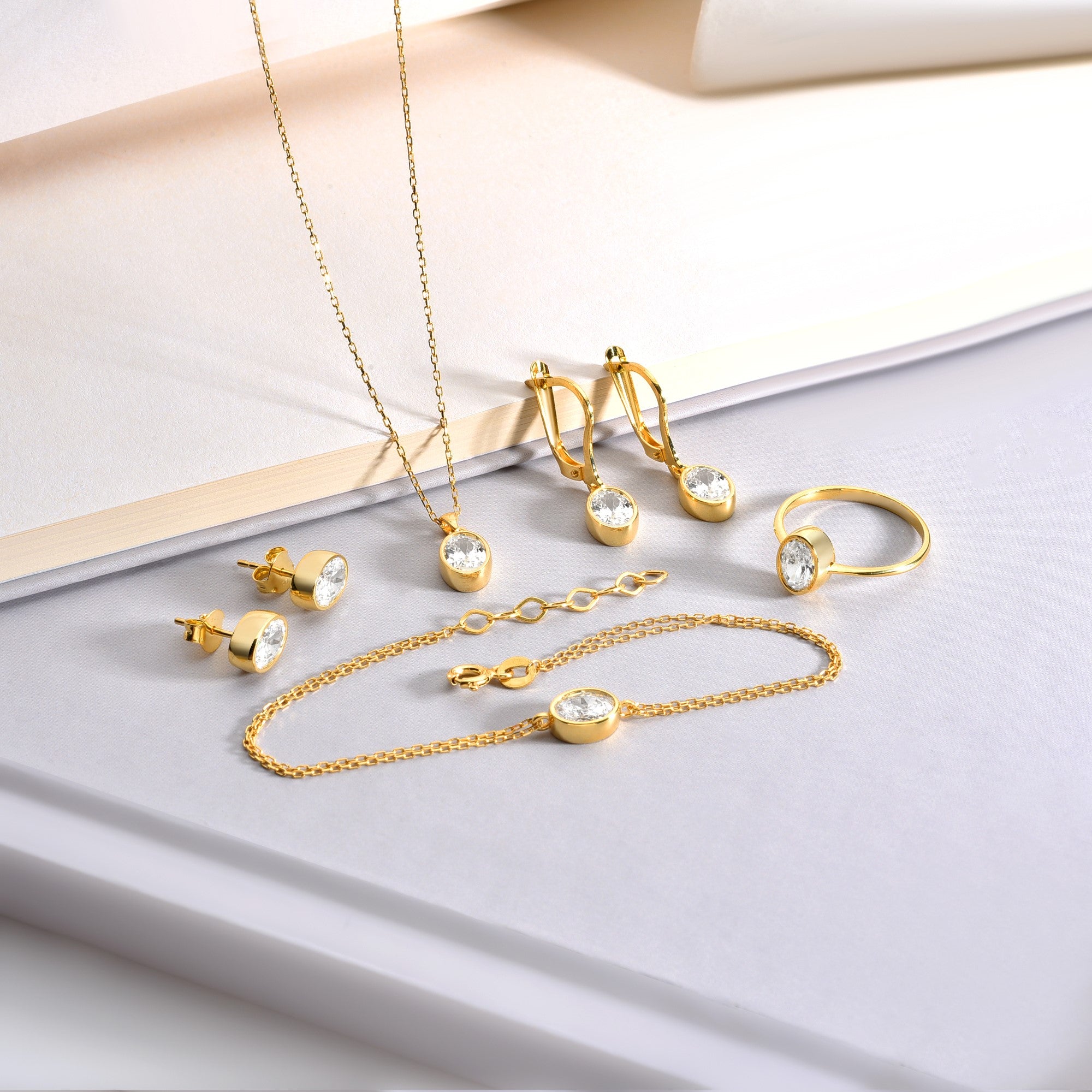 Oval White Topaz Bezel Dangle Earrings in 14K Solid Gold, April Birthstone Queen Jewelry Earrings