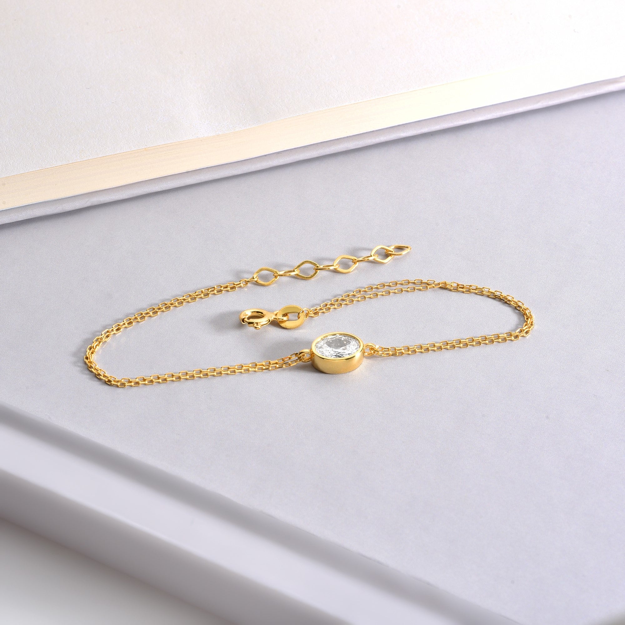 Oval White Topaz Bezel Bracelet in 14K Solid Gold, April Birthstone Queen Jewelry Bracelet