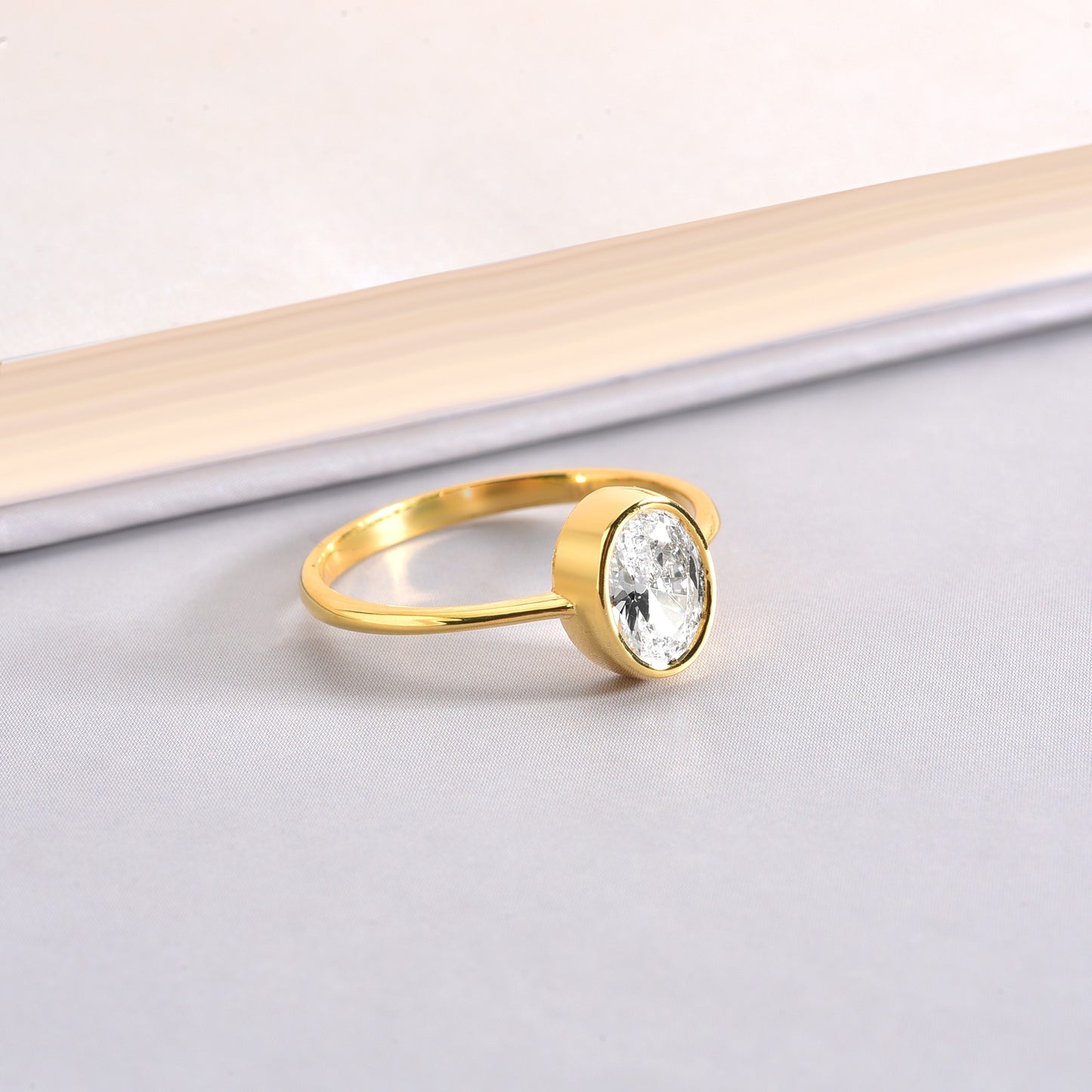 Oval White Topaz Bezel Ring in 14K Solid Gold, April Birthstone Queen Jewelry Rings