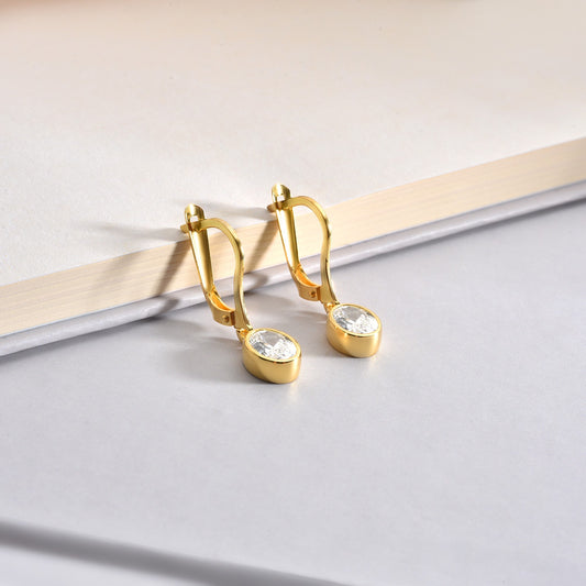 Oval White Topaz Bezel Dangle Earrings in 14K Solid Gold, April Birthstone Queen Jewelry Earrings