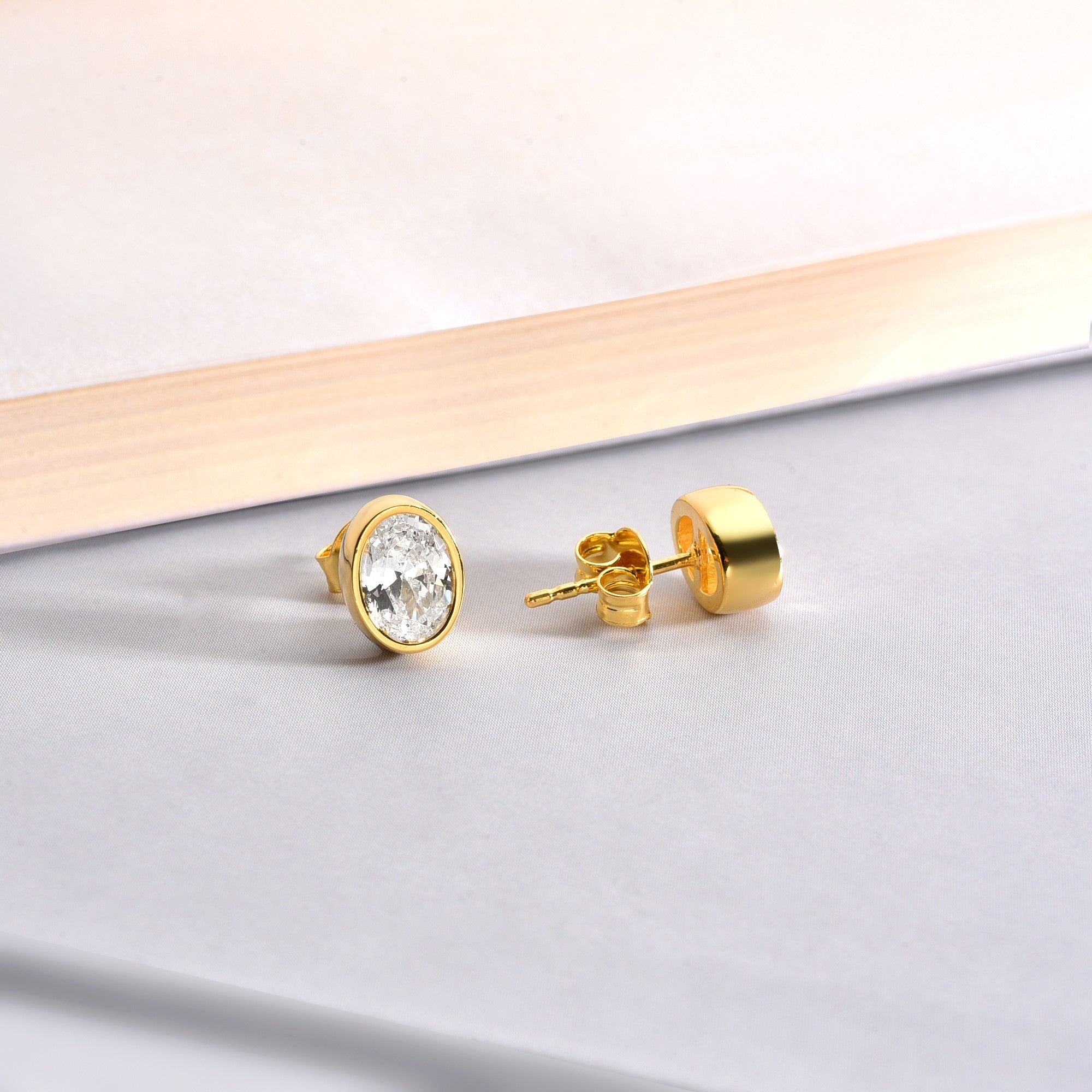 Oval White Topaz Bezel Stud Earrings in 14K Solid Gold, April Birthstone Queen Jewelry Earrings