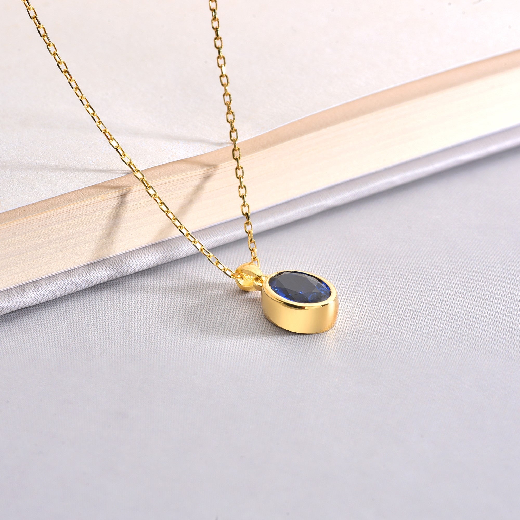 Oval Sapphire Bezel Necklace 14K Solid Gold, September Birthstone Charm Pendant Queen Jewelry Necklace