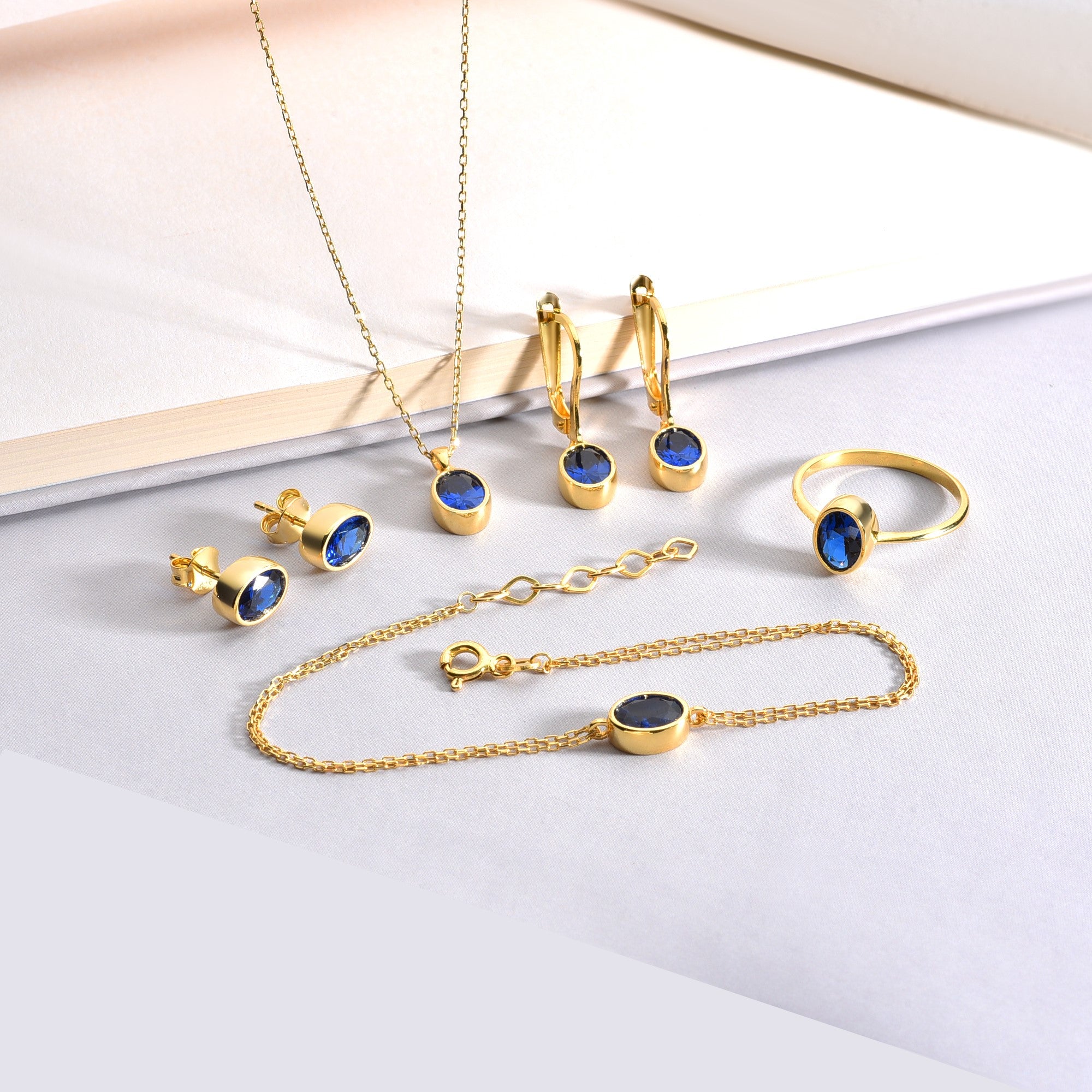 Oval Sapphire Bezel Dangle Earrings in 14K Solid Gold, September Birthstone Queen Jewelry Earrings