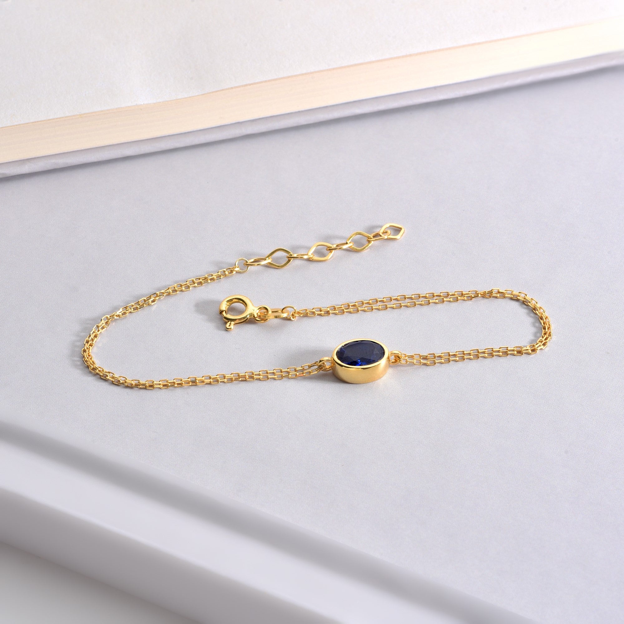 Oval Sapphire Bezel Bracelet in 14K Solid Gold, September Birthstone Queen Jewelry Bracelet