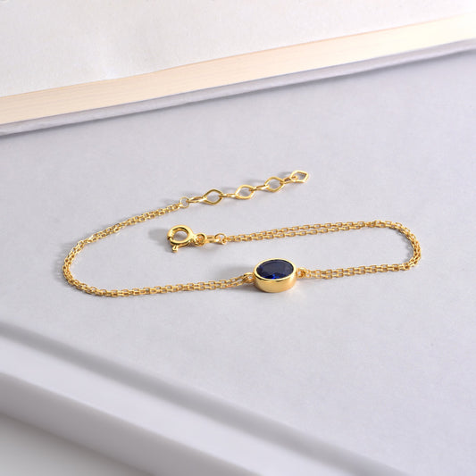 Oval Sapphire Bezel Bracelet in 14K Solid Gold, September Birthstone Queen Jewelry Bracelet