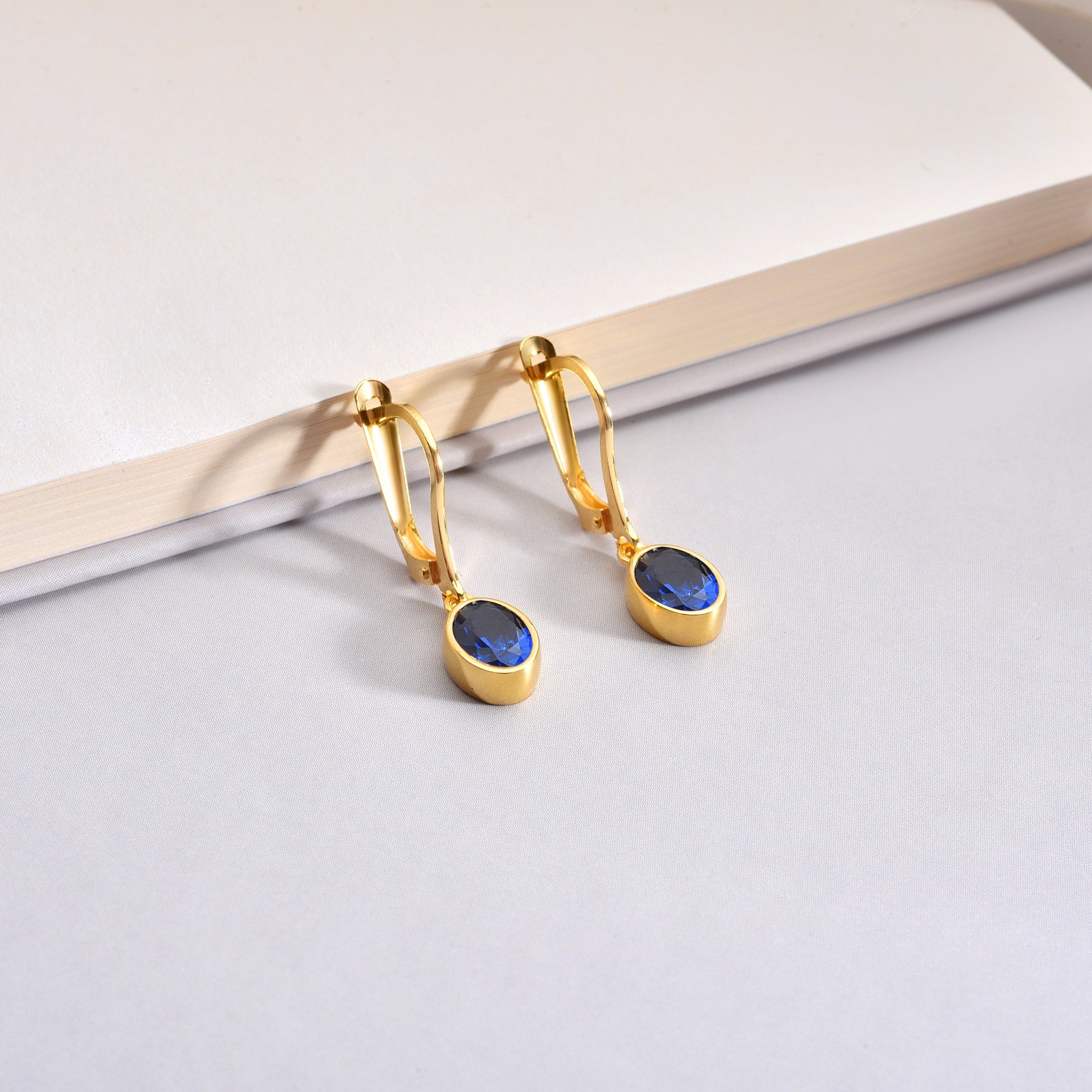 Oval Sapphire Bezel Dangle Earrings in 14K Solid Gold, September Birthstone Queen Jewelry Earrings