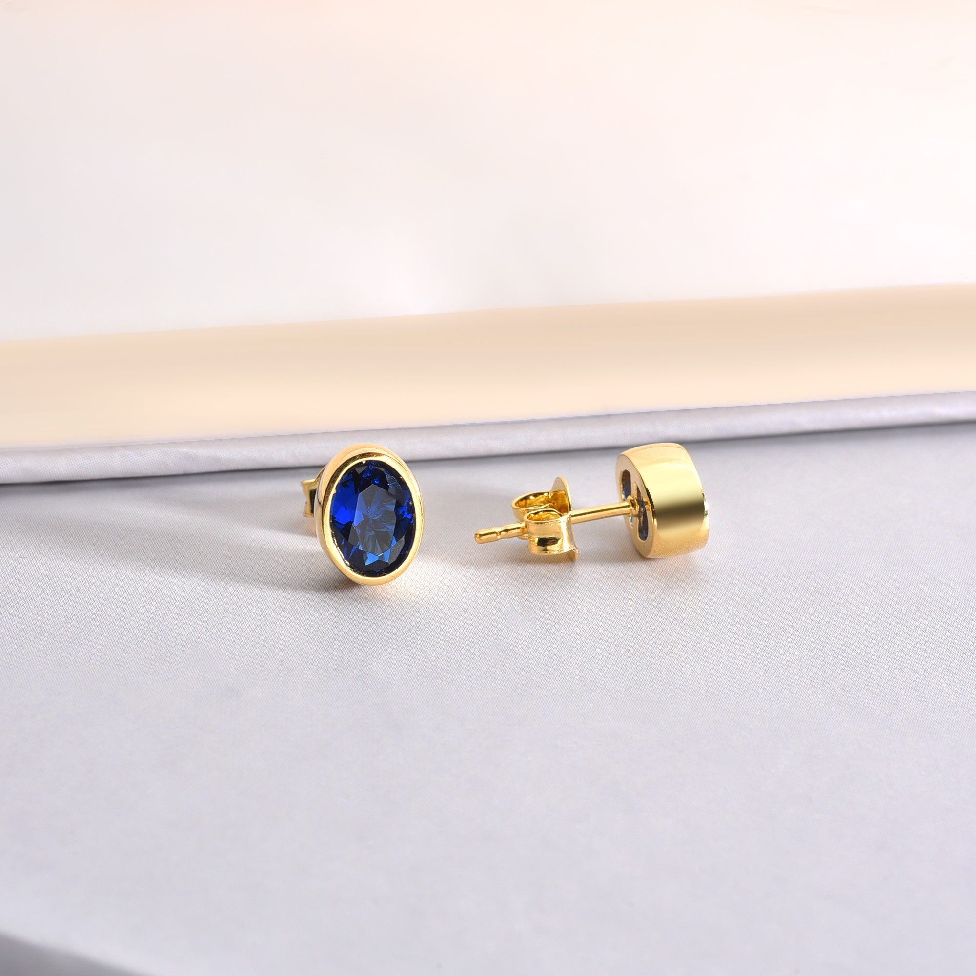 Oval Sapphire Bezel Stud Earrings in 14K Solid Gold, September Birthstone Queen Jewelry Earrings