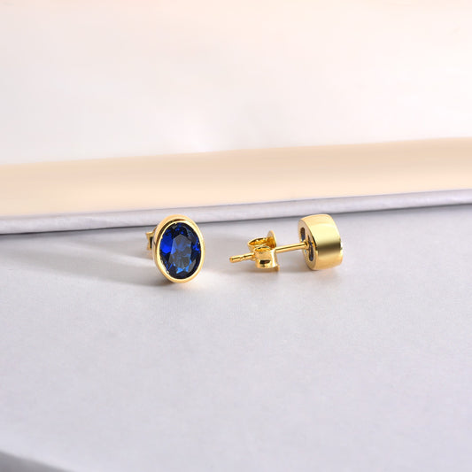 Oval Sapphire Bezel Stud Earrings in 14K Solid Gold, September Birthstone Queen Jewelry Earrings