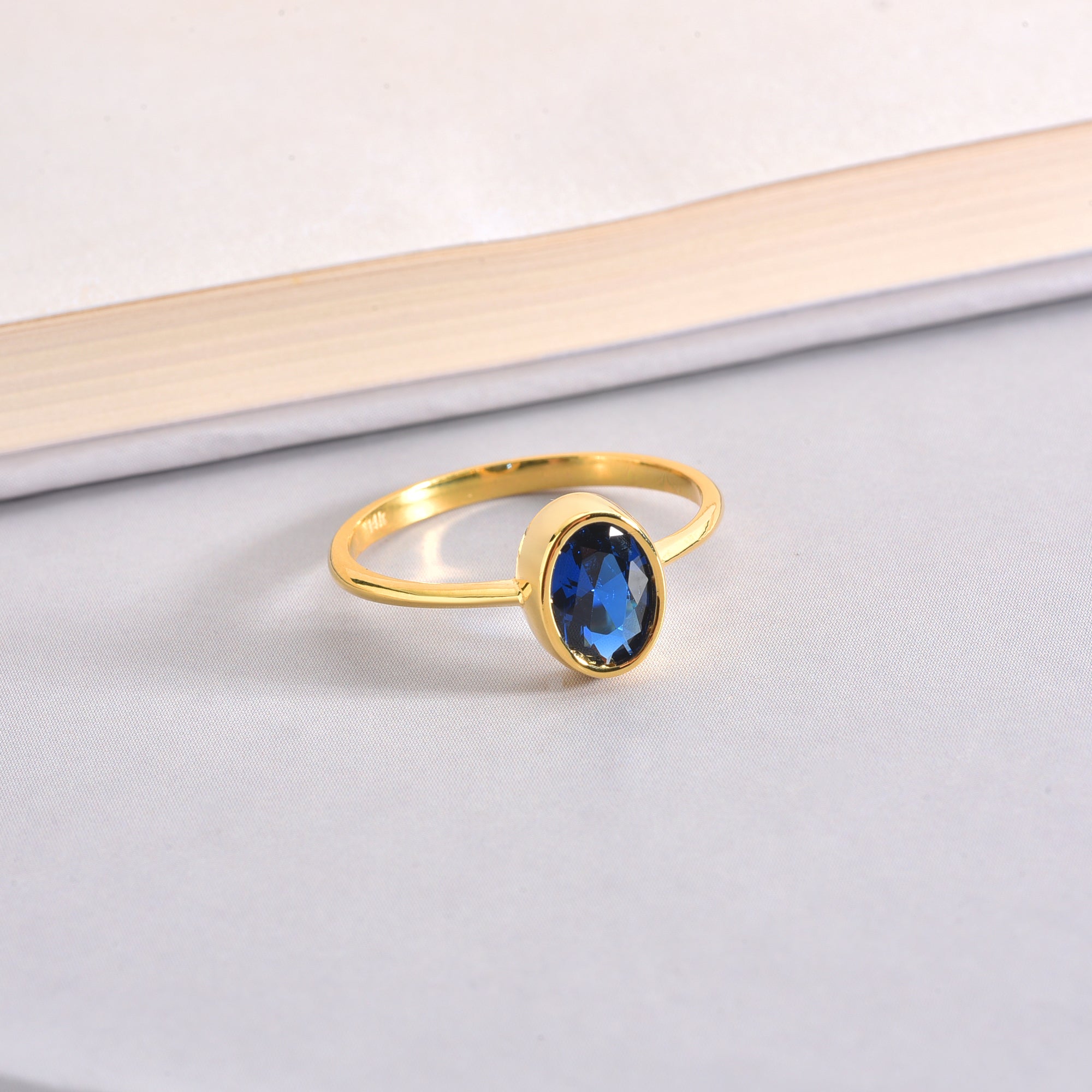 Oval Sapphire Bezel Ring in 14K Solid Gold, September Birthstone Queen Jewelry Rings