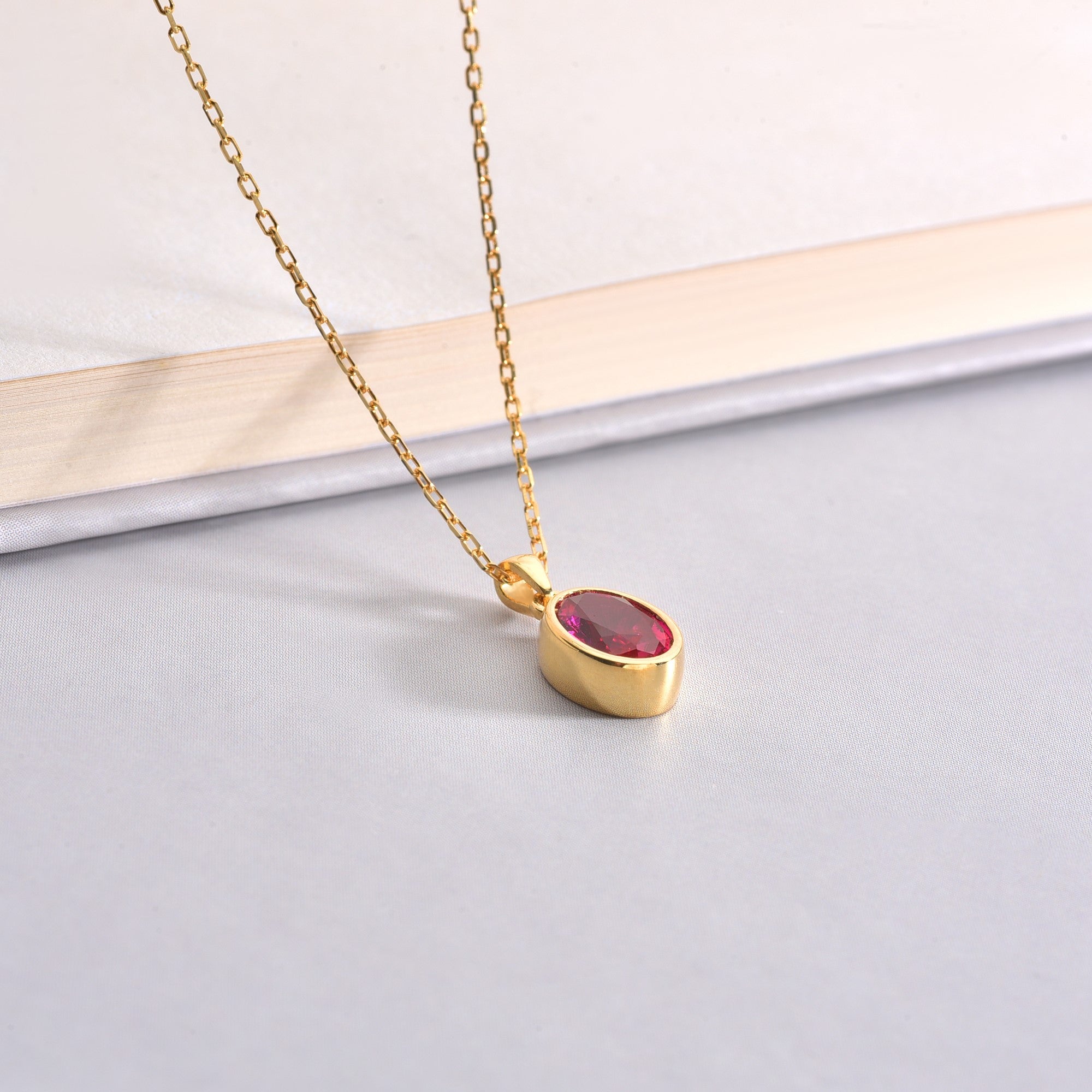 Oval Ruby Bezel Necklace 14K Solid Gold, July Birthstone Charm Pendant Queen Jewelry Necklace