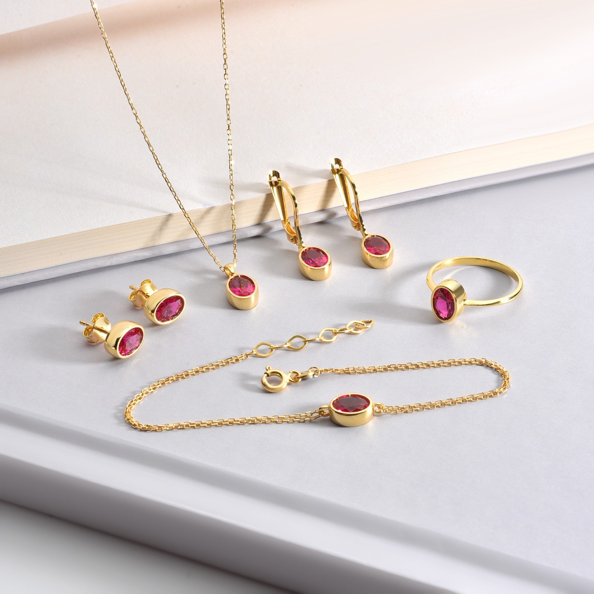Oval Ruby Bezel Dangle Earrings in 14K Solid Gold, July Birthstone Queen Jewelry Earrings