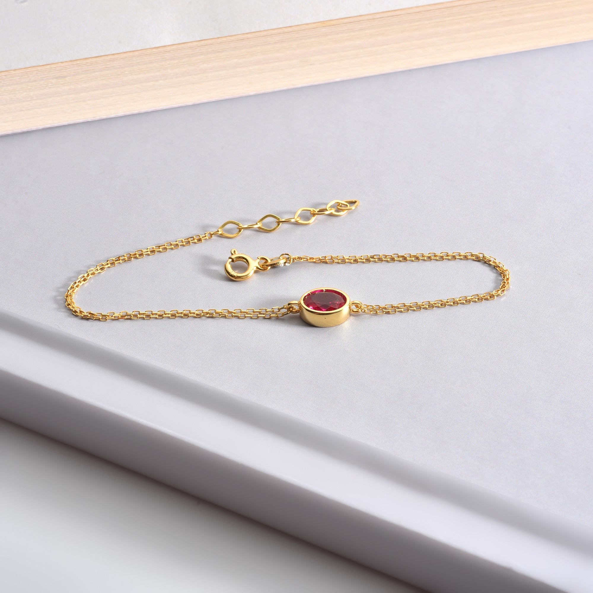 Oval Ruby Bezel Bracelet in 14K Solid Gold, July Birthstone Queen Jewelry Bracelet
