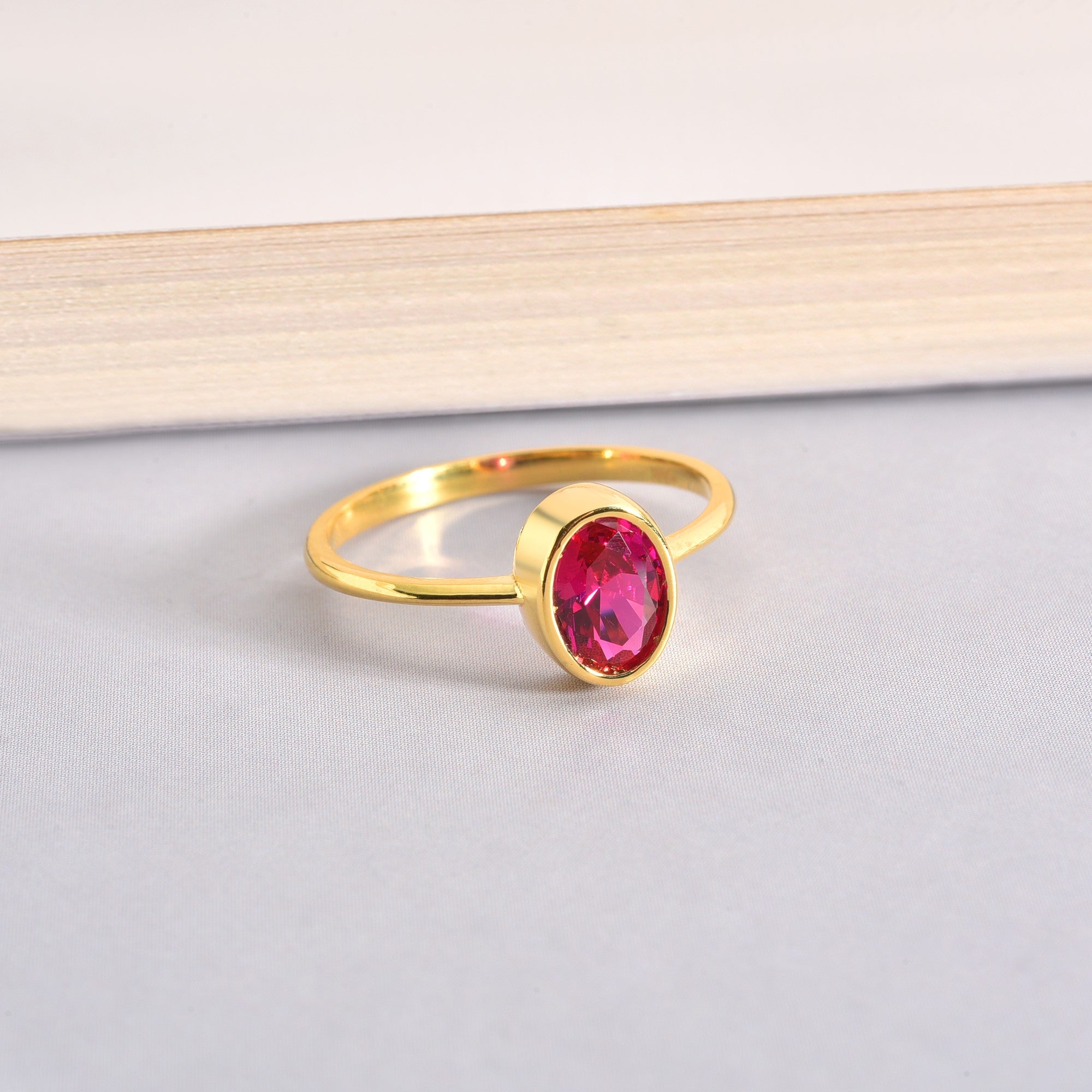 Oval Ruby Bezel Ring in 14K Solid Gold, July Birthstone Queen Jewelry Rings