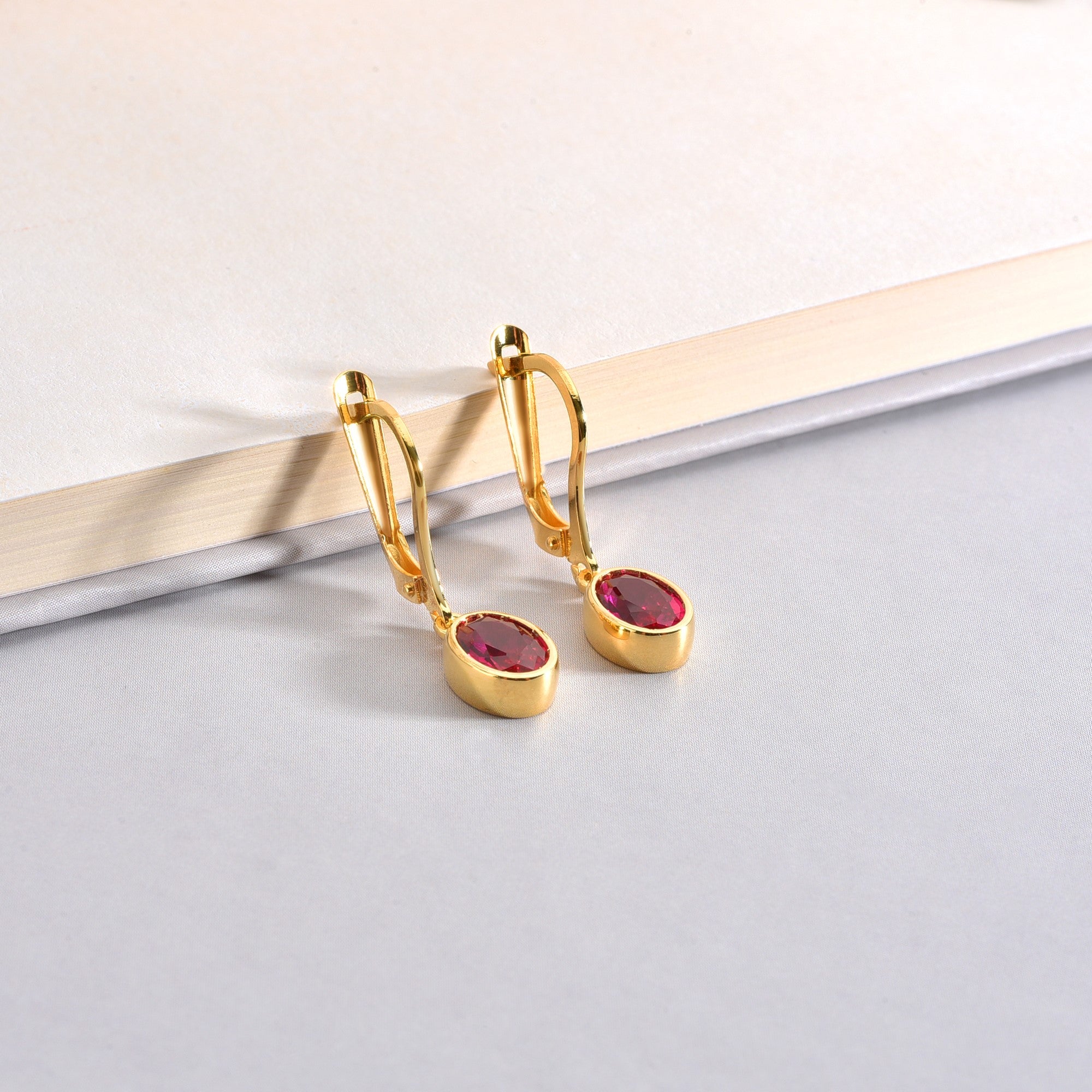 Oval Ruby Bezel Dangle Earrings in 14K Solid Gold, July Birthstone Queen Jewelry Earrings