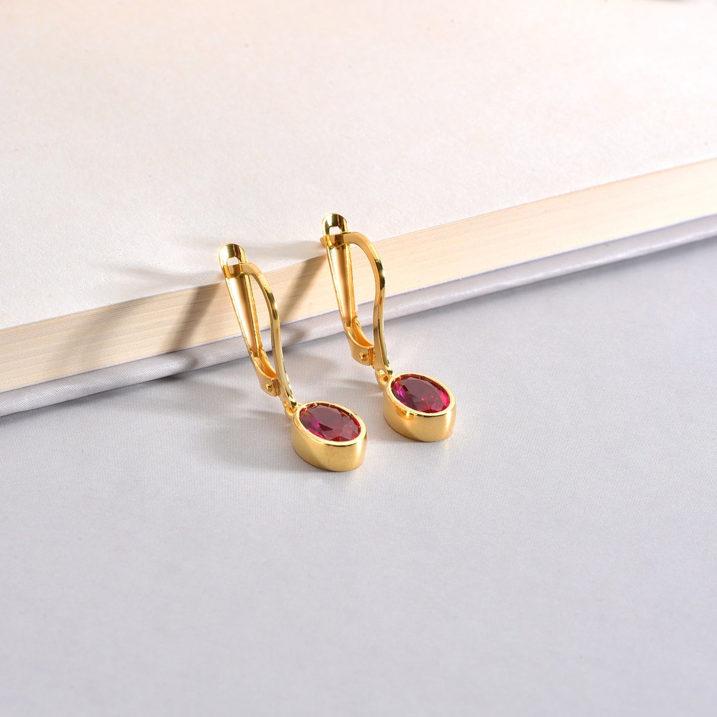 Oval Ruby Bezel Dangle Earrings in 14K Solid Gold, July Birthstone Queen Jewelry Earrings