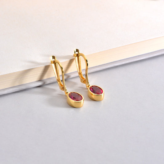 Oval Ruby Bezel Dangle Earrings in 14K Solid Gold, July Birthstone Queen Jewelry Earrings
