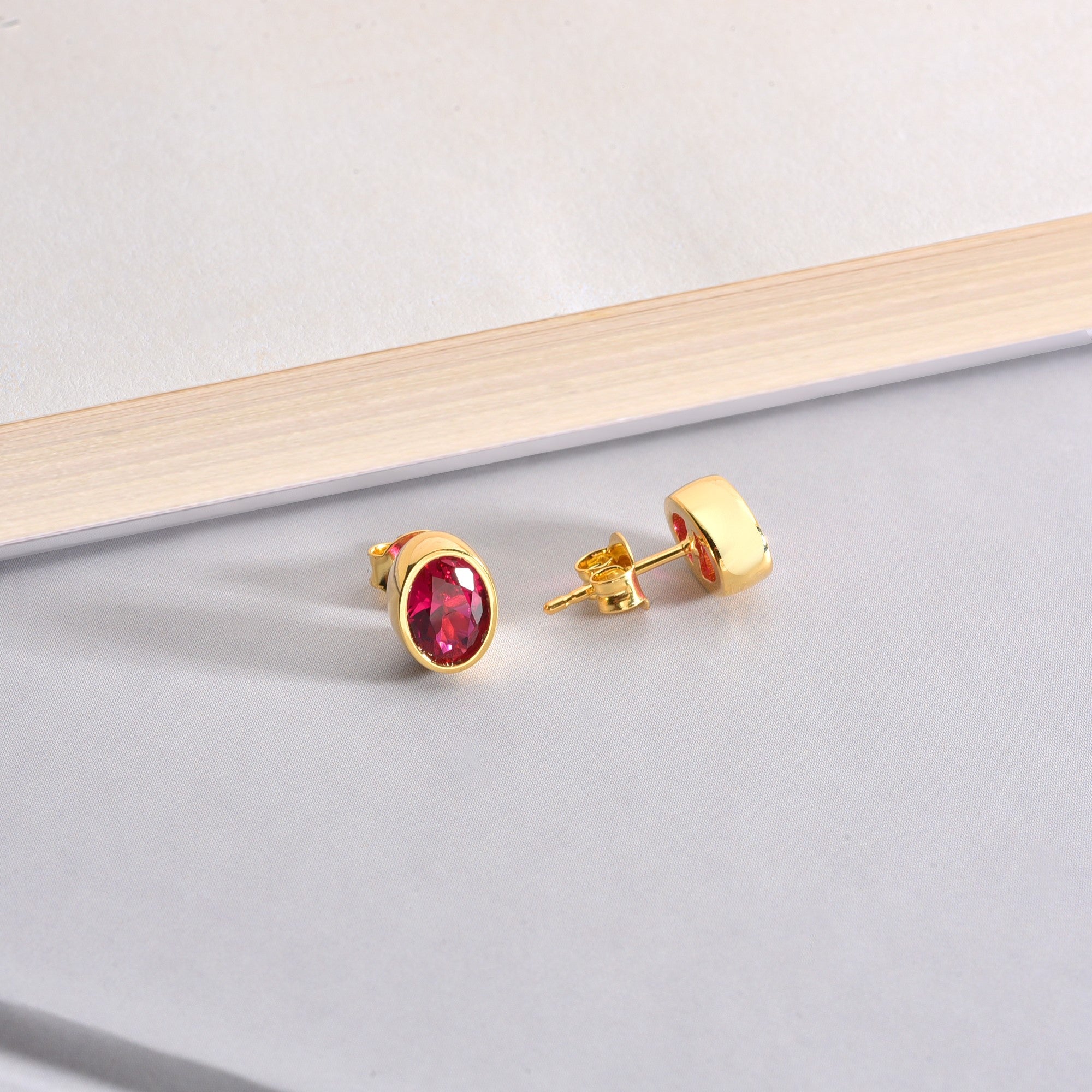 Oval Ruby Bezel Stud Earrings in 14K Solid Gold, July Birthstone Queen Jewelry Earrings