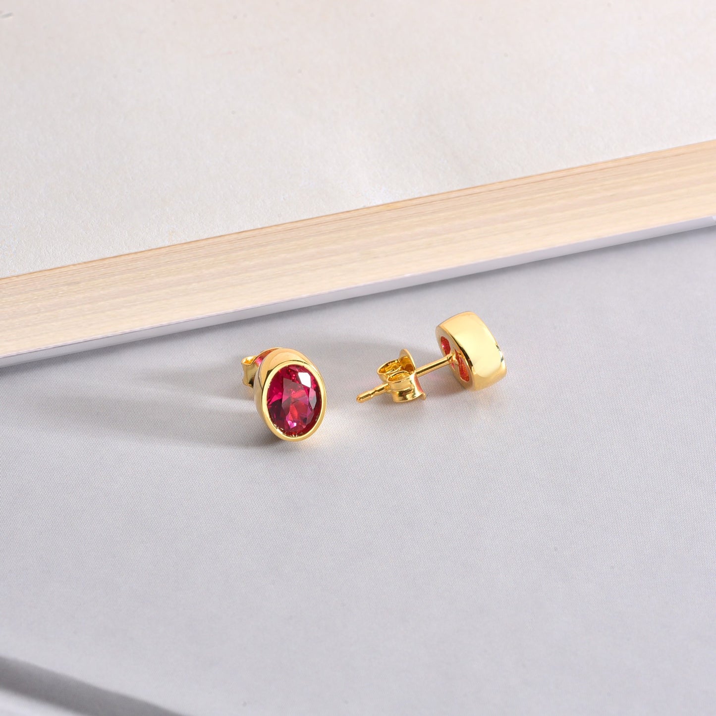 Oval Ruby Bezel Stud Earrings in 14K Solid Gold, July Birthstone Queen Jewelry Earrings