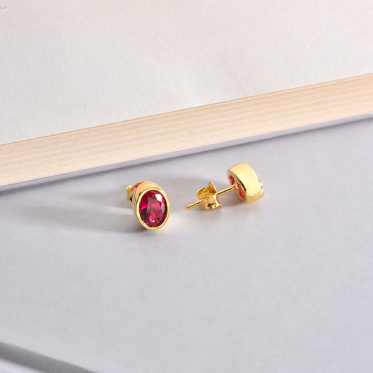 Oval Ruby Bezel Stud Earrings in 14K Solid Gold, July Birthstone Queen Jewelry Earrings