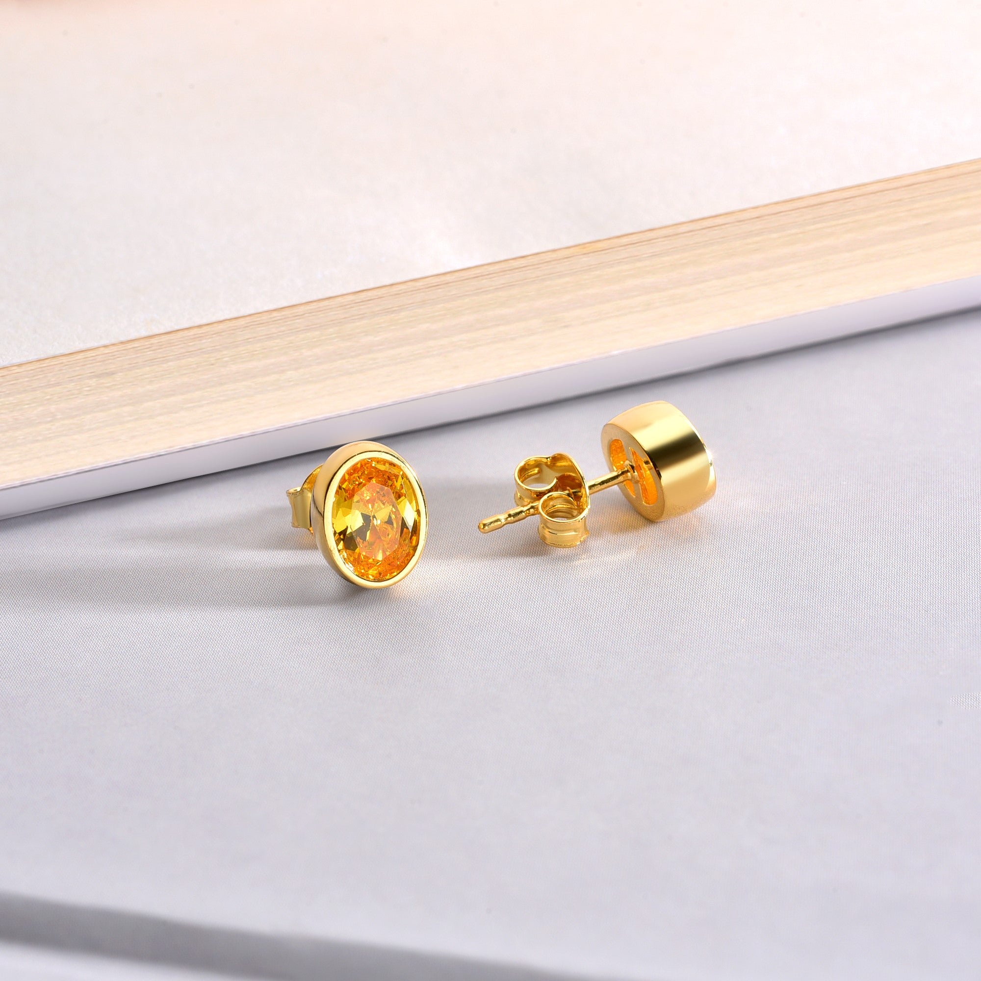 Oval Yellow Topaz Bezel Stud Earrings in 14K Solid Gold, Birthstone Jewelry Queen Jewelry Earrings