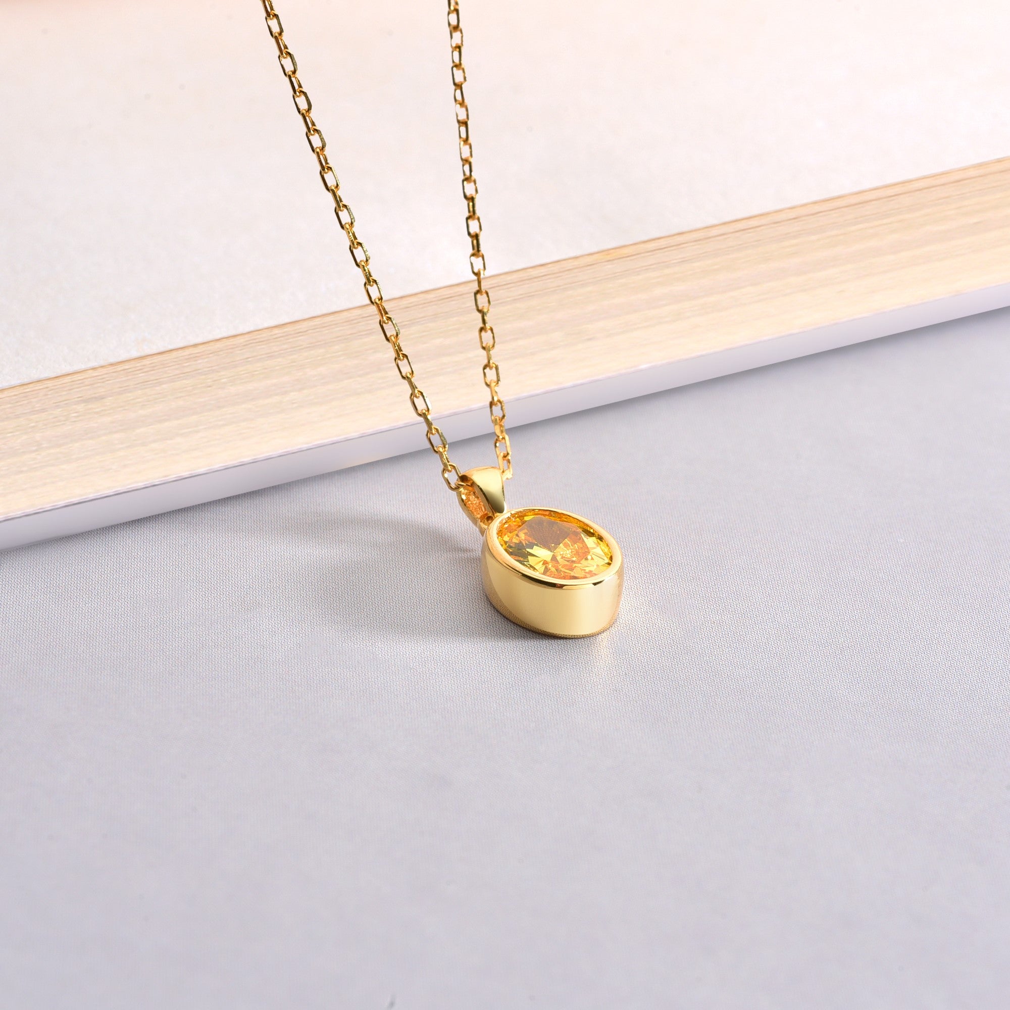 Oval Yellow Topaz Bezel Necklace 14K Solid Gold, Birthstone Charm Pendant Queen Jewelry Necklace