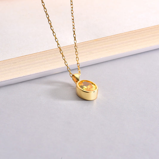 Oval Yellow Topaz Bezel Necklace 14K Solid Gold, Birthstone Charm Pendant Queen Jewelry Necklace