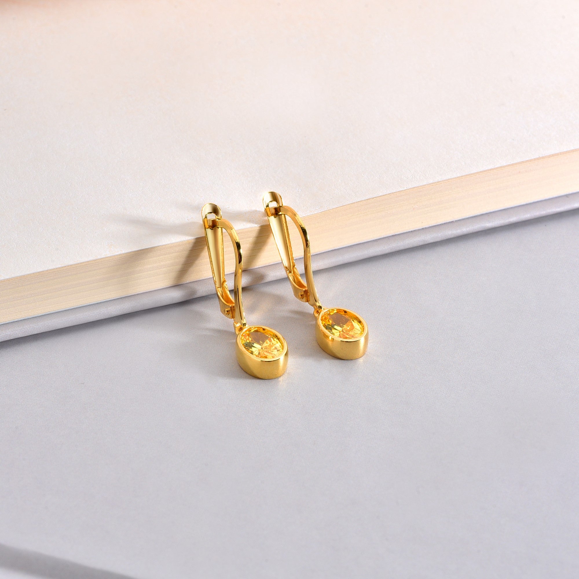 Oval Yellow Topaz Bezel Dangle Earrings in 14K Solid Gold, Birthstone Jewelry Queen Jewelry Earrings