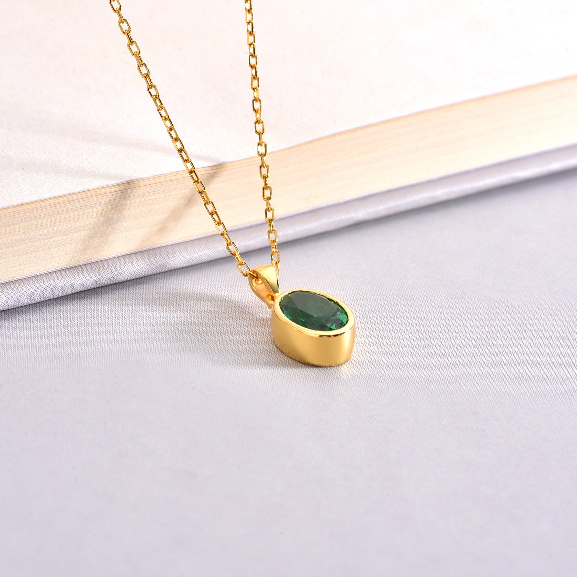 Oval Emerald Bezel Necklace 14K Solid Gold, May Birthstone Charm Pendant Queen Jewelry Necklace