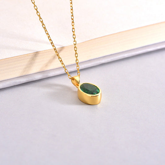 Oval Emerald Bezel Necklace 14K Solid Gold, May Birthstone Charm Pendant Queen Jewelry Necklace