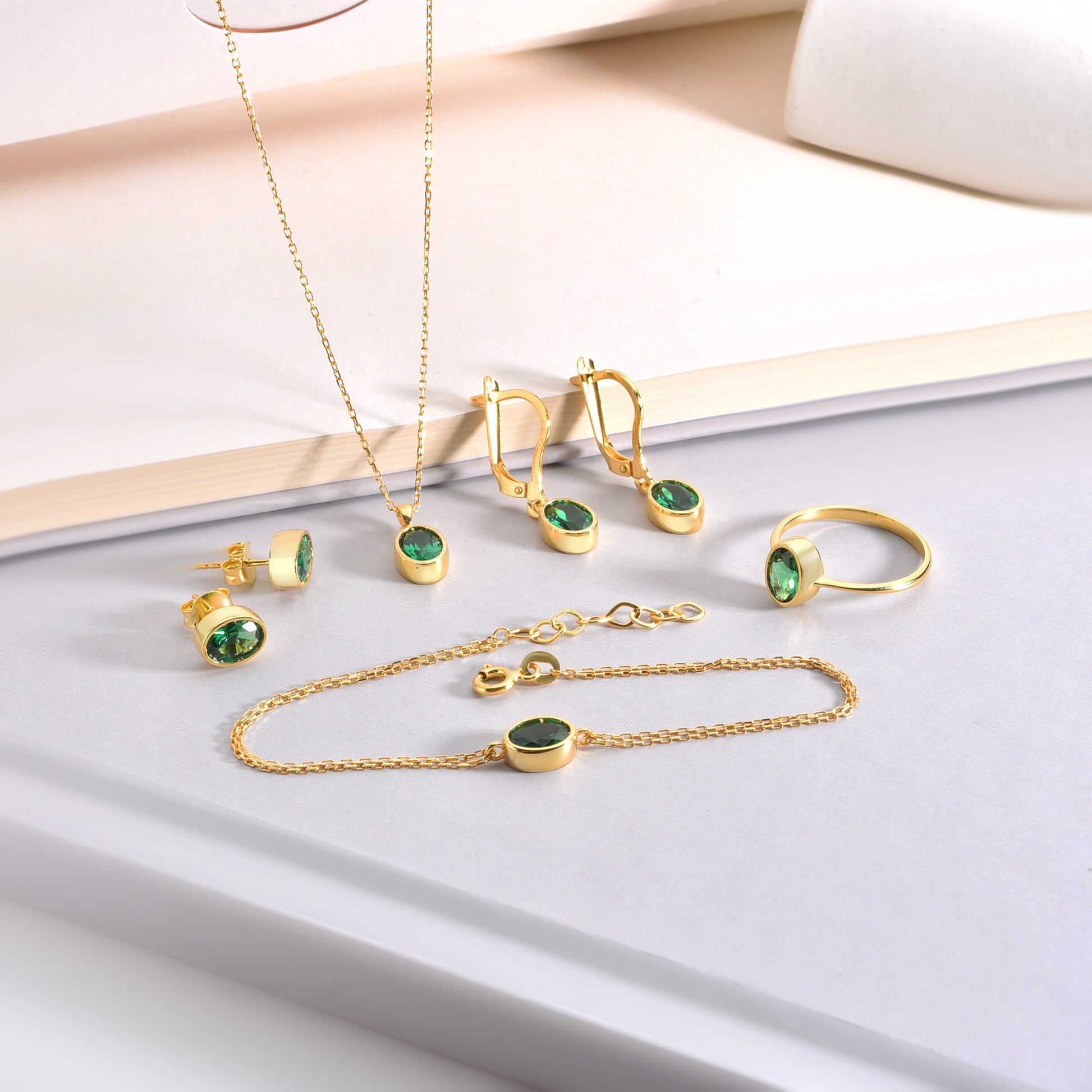 Oval Emerald Bezel Stud Earrings in 14K Solid Gold, May Birthstone Queen Jewelry Earrings