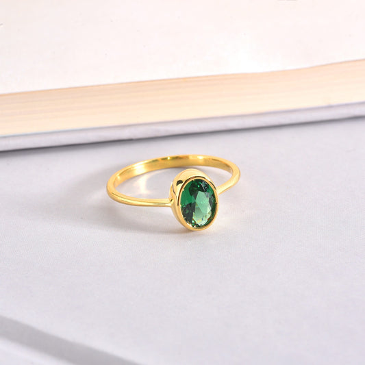 Oval Emerald Bezel Ring in 14K Solid Gold, May Birthstone Queen Jewelry Rings