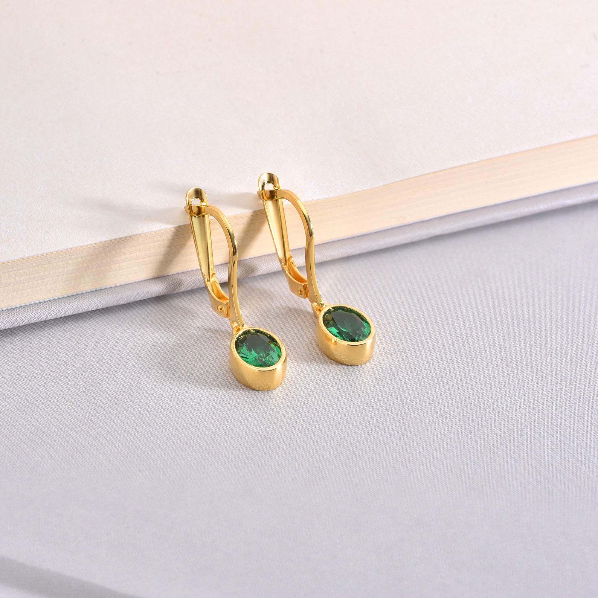 Oval Emerald Bezel Dangle Earrings in 14K Solid Gold, May Birthstone Queen Jewelry Earrings