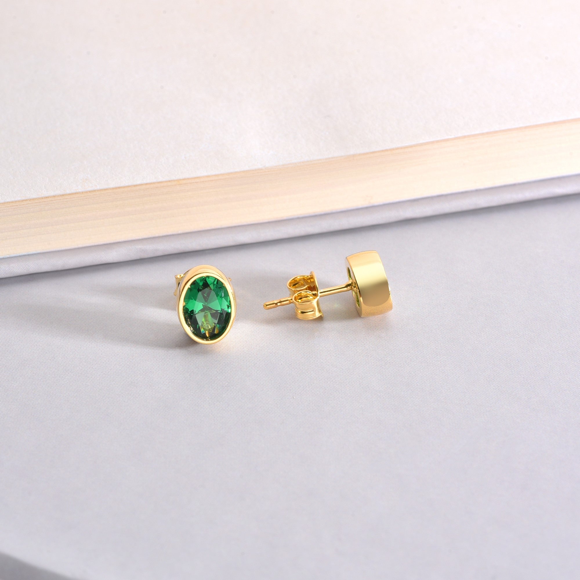 Oval Emerald Bezel Stud Earrings in 14K Solid Gold, May Birthstone Queen Jewelry Earrings