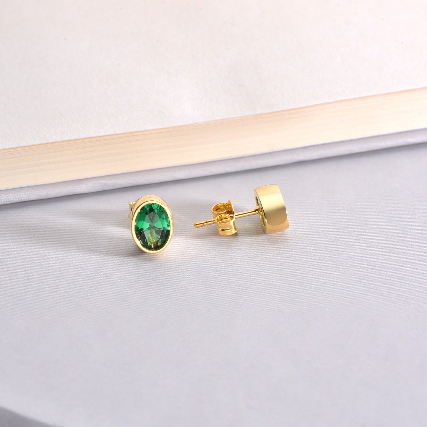 Oval Emerald Bezel Stud Earrings in 14K Solid Gold, May Birthstone Queen Jewelry Earrings