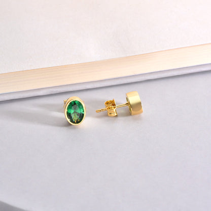 Oval Emerald Bezel Stud Earrings in 14K Solid Gold, May Birthstone Queen Jewelry Earrings