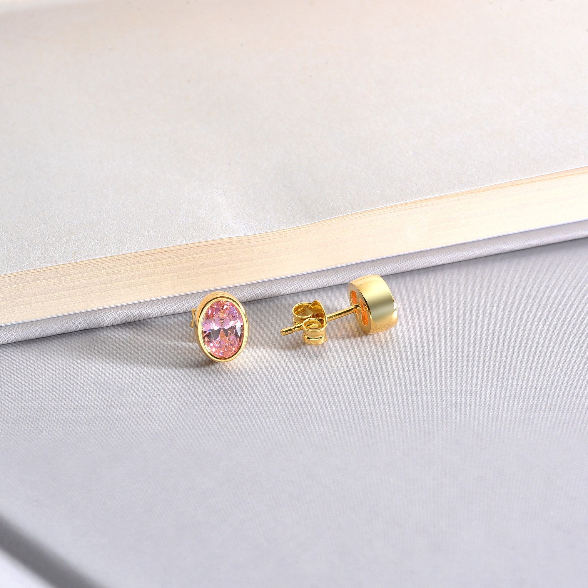 Oval Pink Tourmaline Bezel Stud Earrings in 14K Solid Gold, October Birthstone Queen Jewelry Earrings