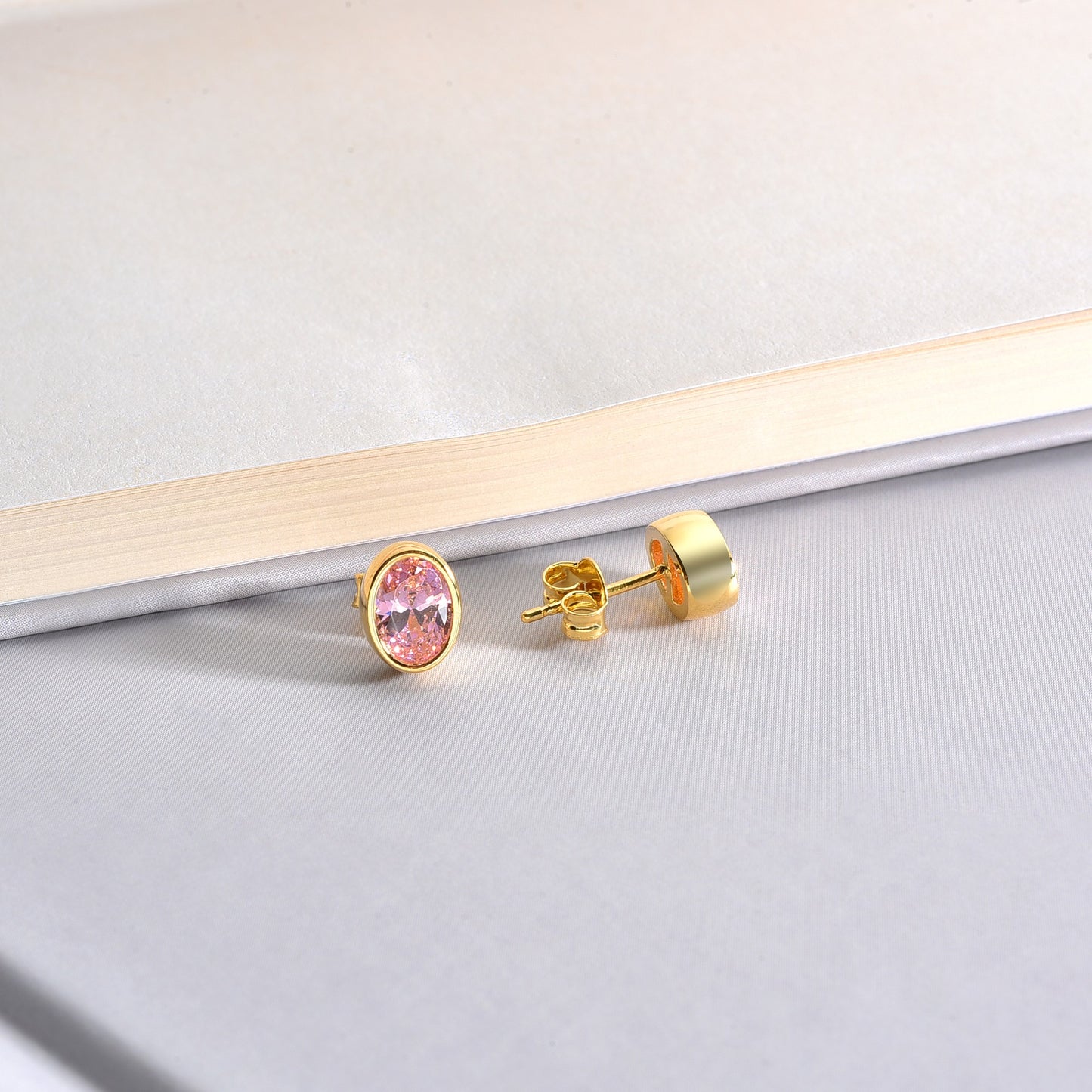 Oval Pink Tourmaline Bezel Stud Earrings in 14K Solid Gold, October Birthstone Queen Jewelry Earrings