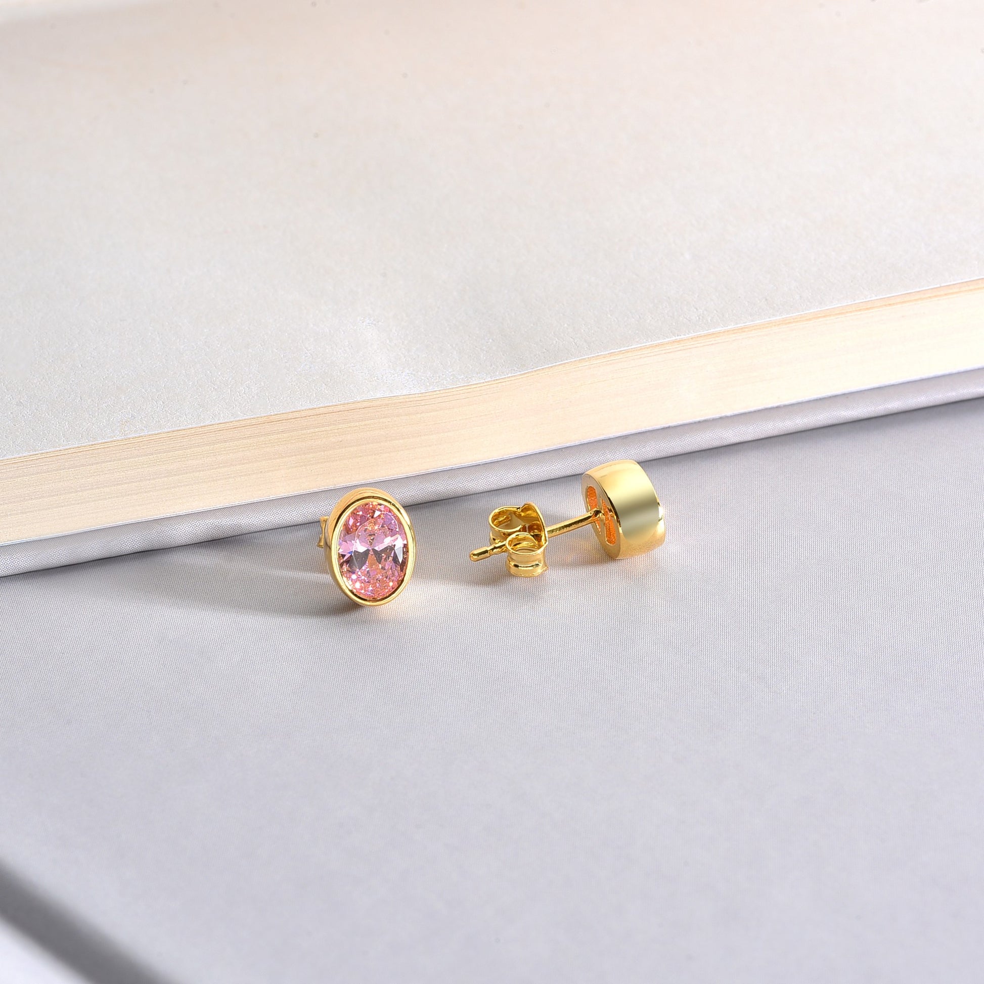 Oval Pink Tourmaline Bezel Stud Earrings in 14K Solid Gold, October Birthstone Queen Jewelry Earrings
