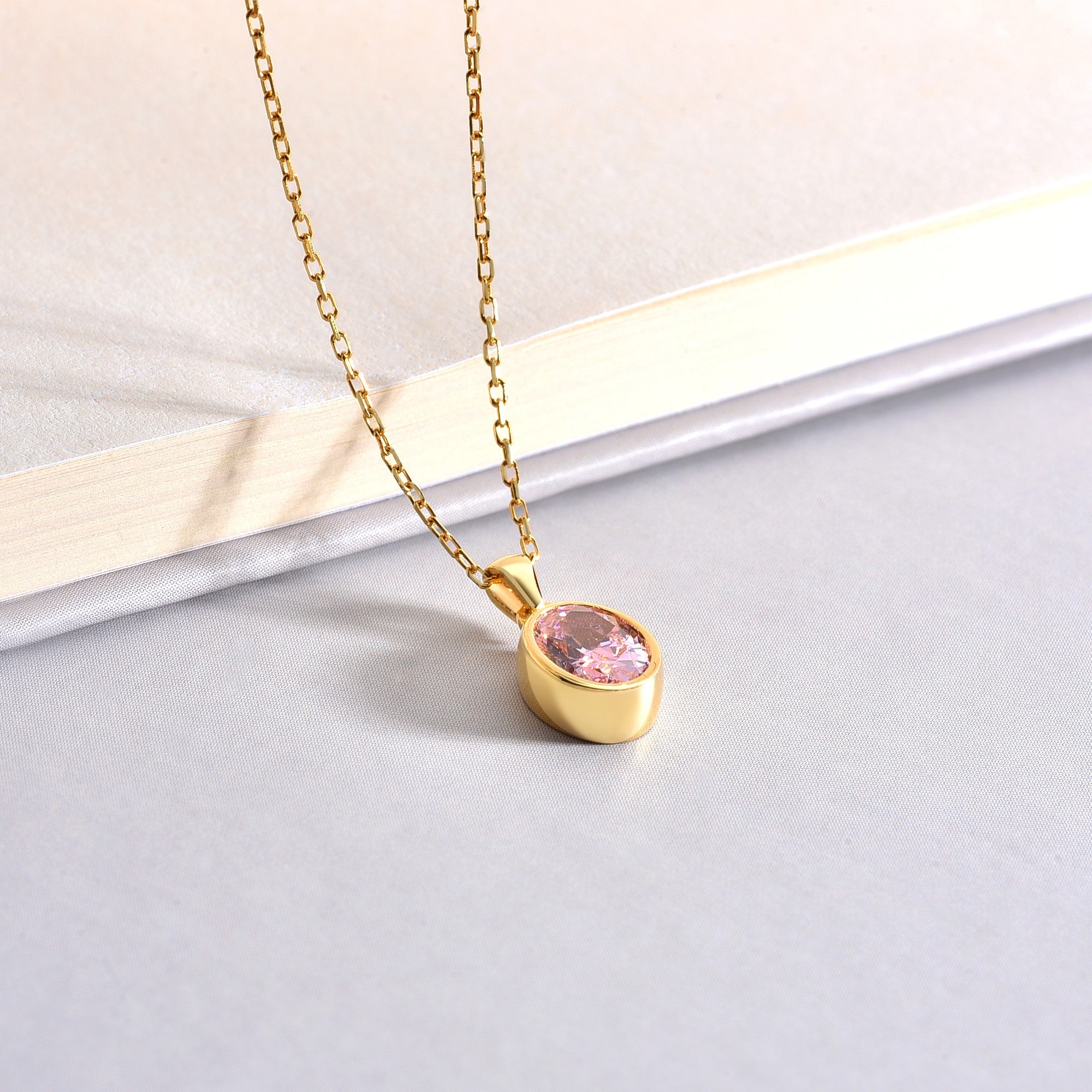 Oval Pink Tourmaline Bezel Necklace 14K Solid Gold, October Birthstone Charm Pendant Queen Jewelry Necklace