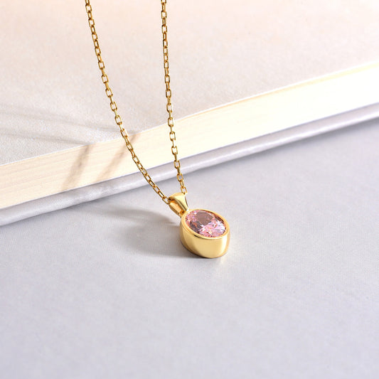 Oval Pink Tourmaline Bezel Necklace 14K Solid Gold, October Birthstone Charm Pendant Queen Jewelry Necklace